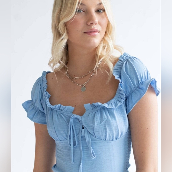 Love Tree Size S Smocked Light Blue Mini Dress - Picture 4 of 6